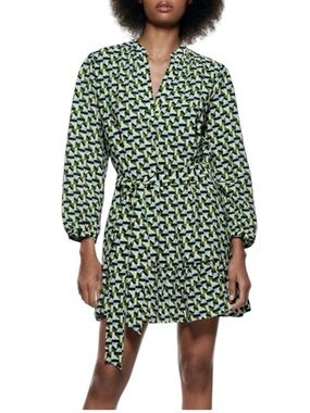 Zara The Paula NWT Geometric Print Green Long Sleeve Mini Dress with Belt M